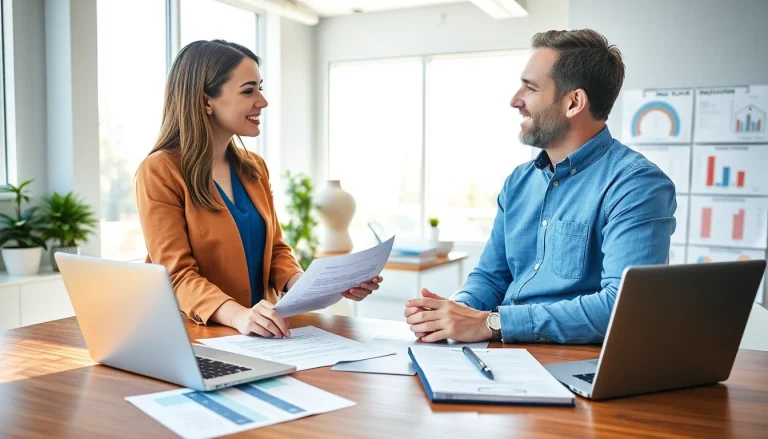 Public Adjuster Near Me aids homeowner in navigating insurance claims in modern office.