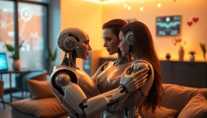 AI sex robots sharing an intimate moment in a futuristic setting, blending technology with romance.