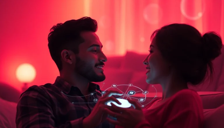 Innovative ai sex technology enhancing intimacy between a couple in a modern, intimate setting.