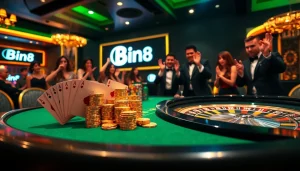 Gamblers enjoying an exciting game at Bin88 casino, showcasing poker chips and a roulette wheel.