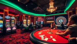 EE88 offers a vibrant casino environment featuring poker games, slot machines, and roulette wheels.
