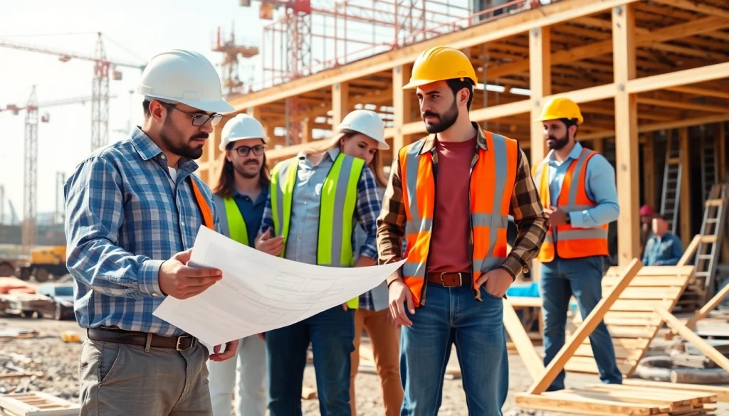 Careers in construction showcased by diverse professionals collaborating on a busy job site.
