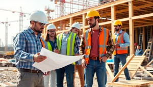 Careers in construction showcased by diverse professionals collaborating on a busy job site.