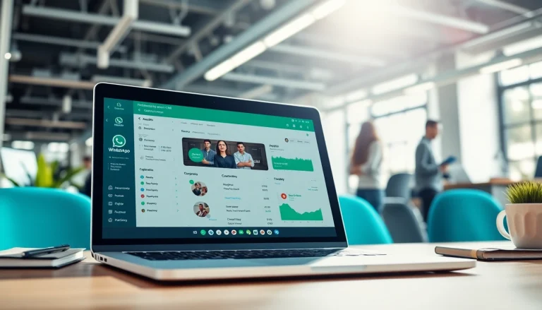 Interact with WhatsApp Smart CRM analytics dashboard in a vibrant office setting.