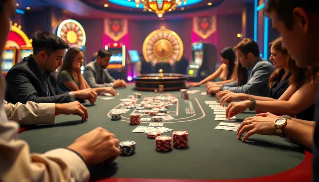 Engaging poker players at a GO8-themed table, surrounded by casino lights and chips.
