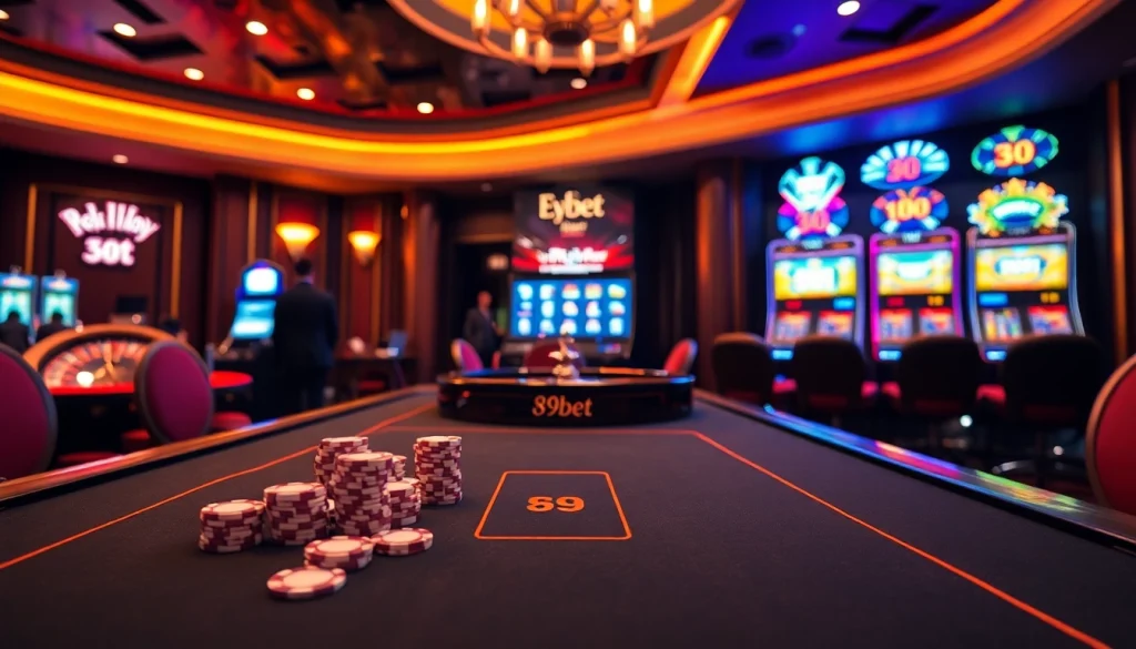 Engaging gaming table at nhà cái 89bet with poker chips and roulette wheel under luxurious lighting