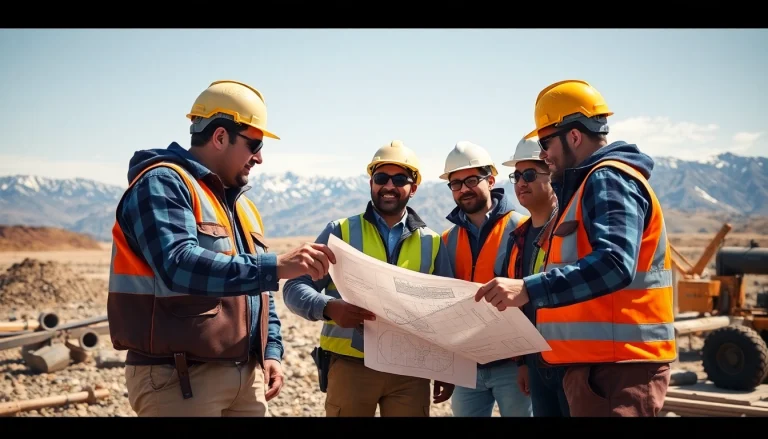 Construction association Wyoming team collaborating on a building project outdoors.