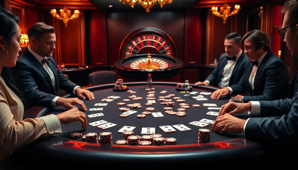 An exciting gambling scene at https://rr88.wales/ showcasing a polished poker table with players engaged.