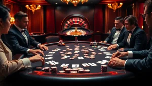 An exciting gambling scene at https://rr88.wales/ showcasing a polished poker table with players engaged.