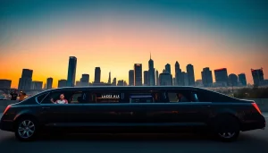 World Cup Group Transportation in a luxurious limousine against the LA skyline, showcasing plush interiors and soccer-themed excitement.