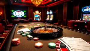 Gambling scene showcasing UU88 logo on a modern table game with vibrant poker chips and cards.