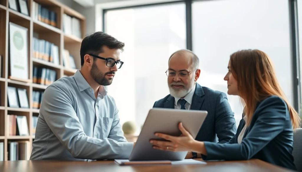 Engaging intellectual property lawyer consulting with a client in a modern office.