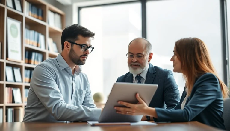 Engaging intellectual property lawyer consulting with a client in a modern office.