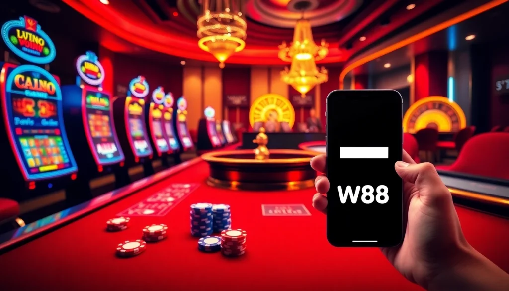 Tương tác với liên kết truy cập W88 trong một cảnh casino sôi động đầy màu sắc, có bánh xe roulette và chip poker.
