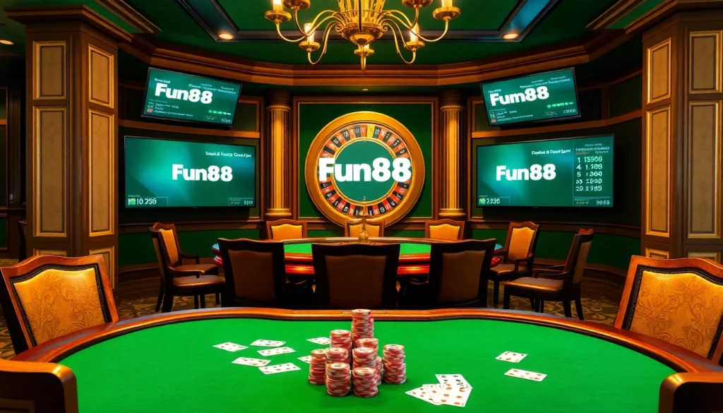 Engaging scene showcasing Fun88 link at a luxurious casino tabletop filled with poker chips, cards, and a roulette wheel.