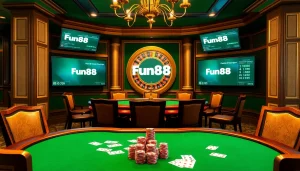 Engaging scene showcasing Fun88 link at a luxurious casino tabletop filled with poker chips, cards, and a roulette wheel.