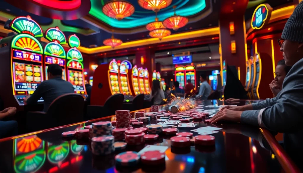 Experience thrilling nổ hũ action with vibrant slot machines and excited players in a luxurious casino environment.
