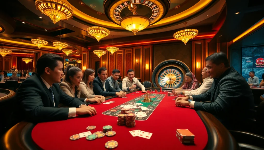 Experience the thrill of professional gambling at https://uu88.casa/ with players strategizing at a high-stakes poker table.