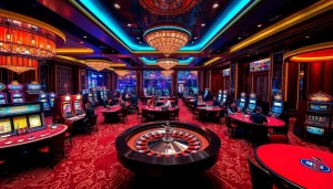 The luxurious gaming atmosphere of nhà cái rr88, showcasing vibrant tables and excited players.
