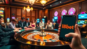 The vibrant casino scene featuring link 188bet interface, poker chips, and roulette table action.