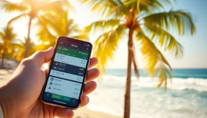 Showcasing popular sports betting apps California on a smartphone with a scenic beach backdrop.