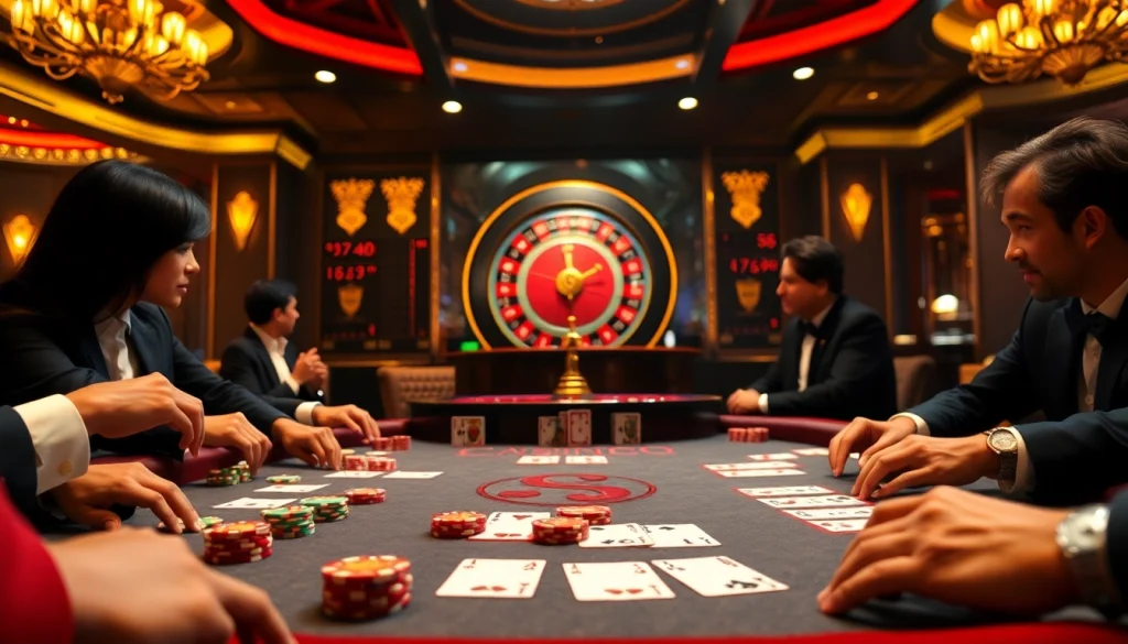 Engaging players at a poker table amidst a casino setting featuring 상품권카드 elements.
