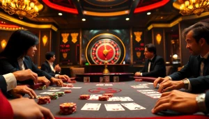 Engaging players at a poker table amidst a casino setting featuring 상품권카드 elements.