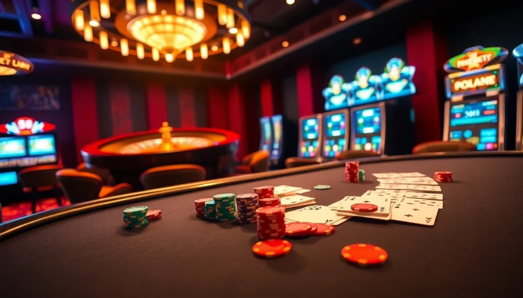Players enjoying a thrilling poker game at F8Bet casino with vibrant lights and luxury atmosphere.