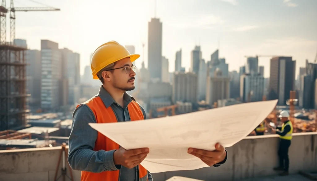 Manhattan Construction Manager managing a busy construction site with blueprints, showcasing leadership.