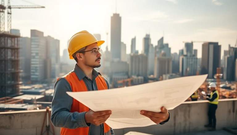 Manhattan Construction Manager managing a busy construction site with blueprints, showcasing leadership.