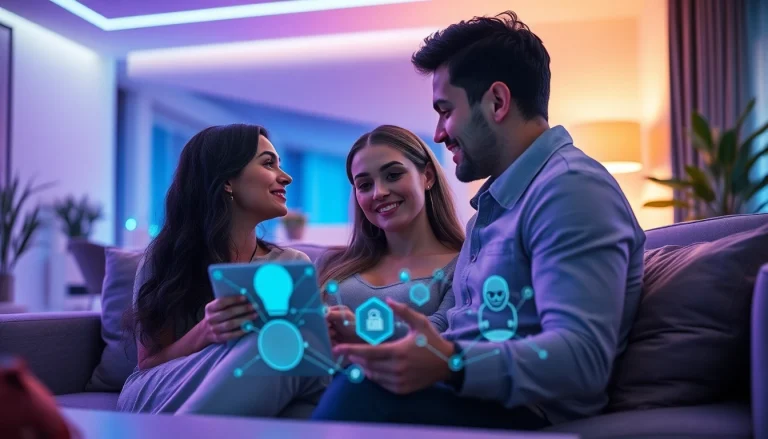 AI sex relationship scene with a couple interacting with a futuristic AI companion in a cozy, modern living space.