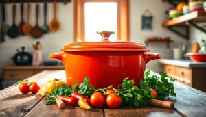 Stylish Le Creuset NZ cookware on a rustic kitchen table with fresh vegetables.