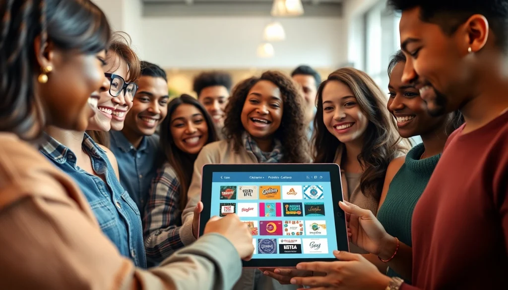 다양한 고객이 디지털 선물카드를 탐색하는 상품권카드의 역동적인 온라인 쇼핑 현장