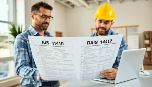 Contractor examining das 140 form in a bright office for detailed review.