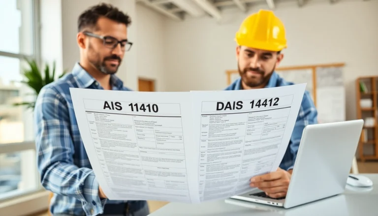 Contractor examining das 140 form in a bright office for detailed review.