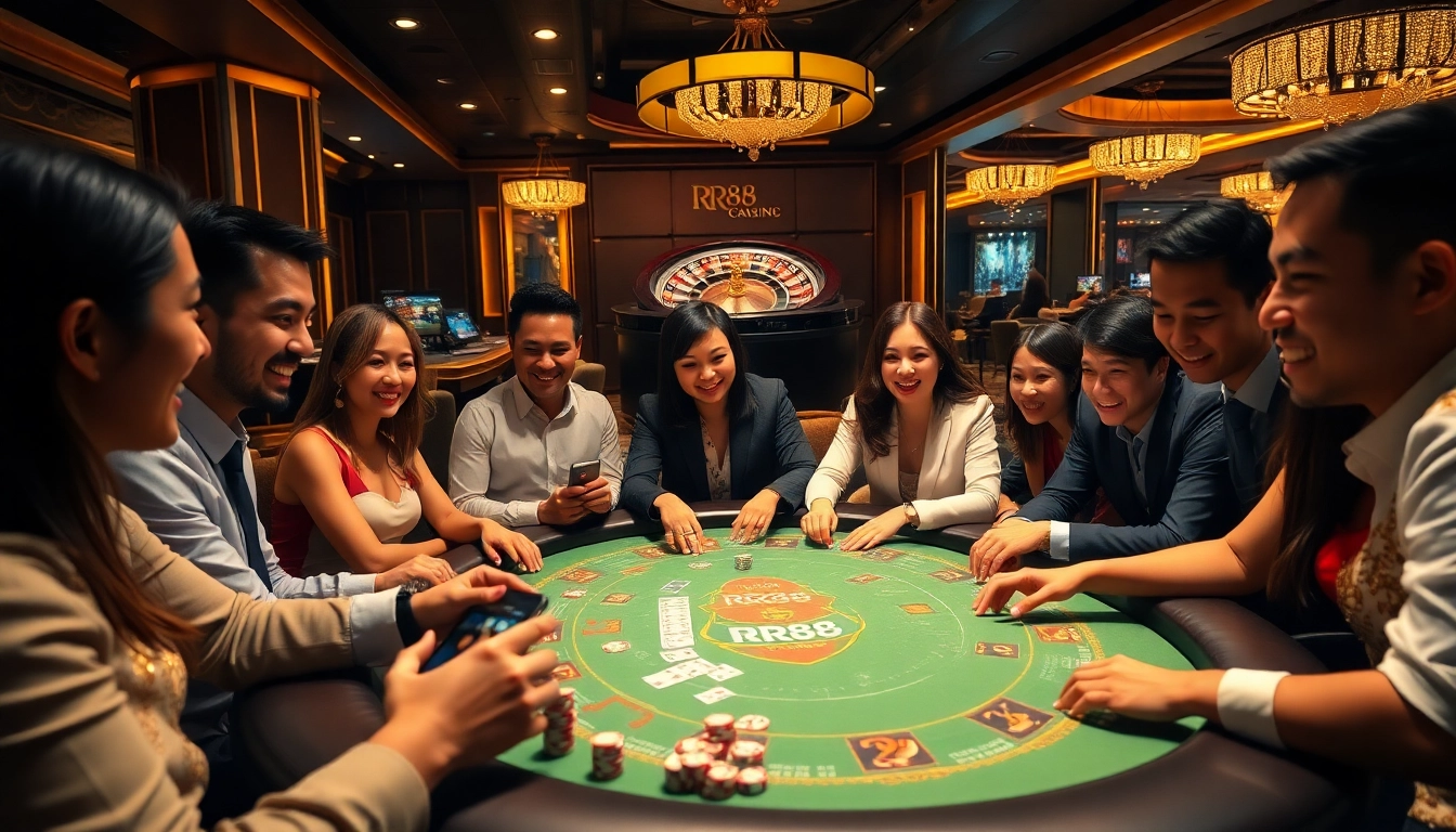 RR88 poker players celebrating a win at a luxurious casino table with vibrant chips and cards.