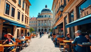 Erleben Sie Wien Online inmitten einer lebhaften Straßenszene mit Cafés und historischer Architektur.