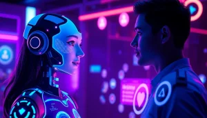 Interactive scene showcasing nsfw character ai with vibrant neon colors and holographic interfaces.