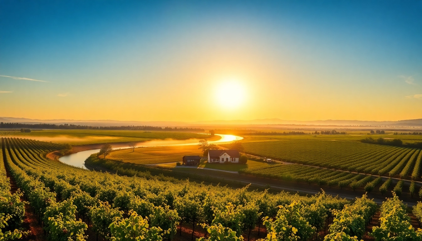 Scenic view of vineyards in Carksburg CA at sunset, showcasing the natural beauty of the area.