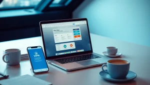 在时尚工作区的现代笔记本电脑上显示的快连官网界面。