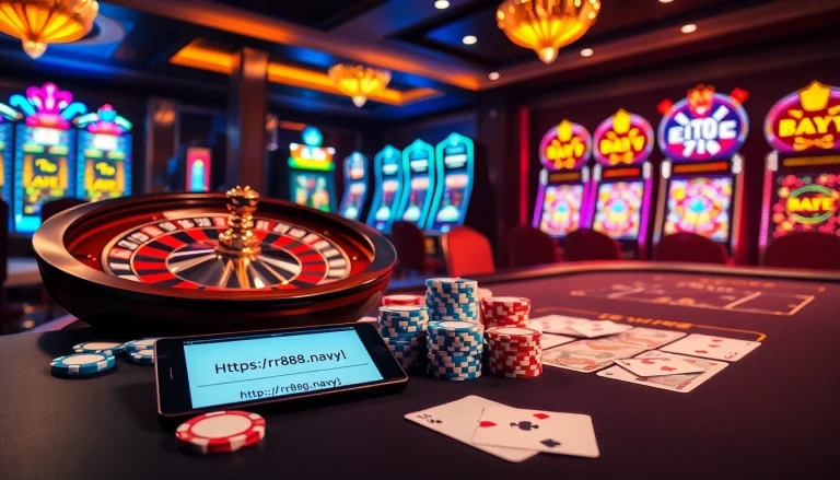 The casino scene depicts thrilling gaming at https://rr88.navy/ featuring a roulette wheel and poker chips.
