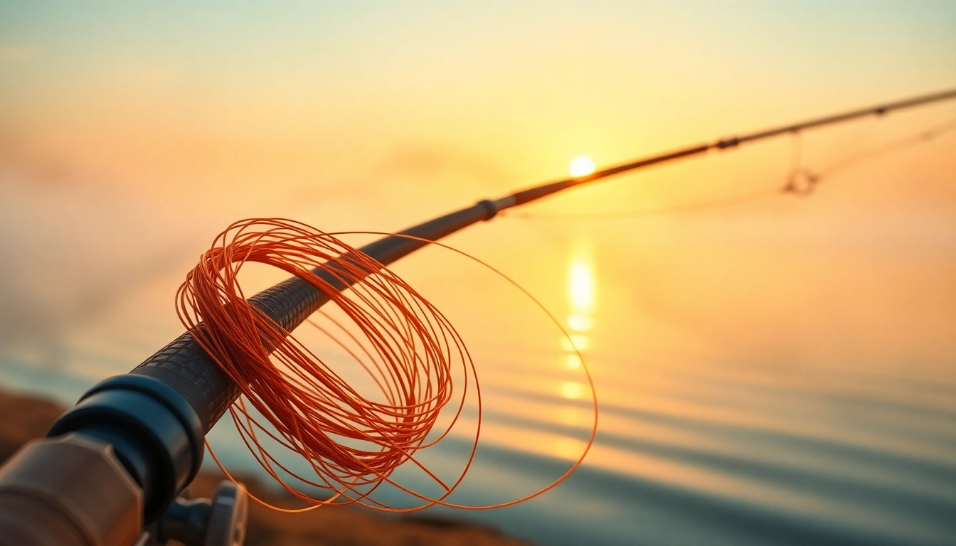 Fly fishing line coiling around a vintage fishing rod near a tranquil lake.