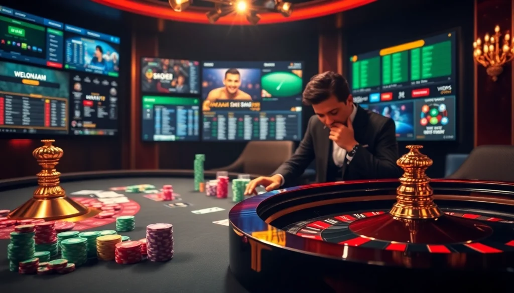 Sbobet offers an exciting atmosphere for online betting, showcasing poker chips and digital interfaces.