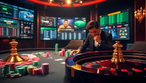 Sbobet offers an exciting atmosphere for online betting, showcasing poker chips and digital interfaces.