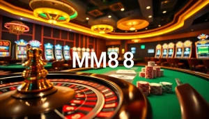 Experience thrilling gambling at MM88 casino with rich poker chips and a spinning roulette wheel.