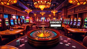 Engage in thrilling SBOBET login experiences at a luxury casino with vibrant gaming tables.