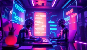 Engaging NSFW AI chat interface with animated avatars and modern digital ambiance.