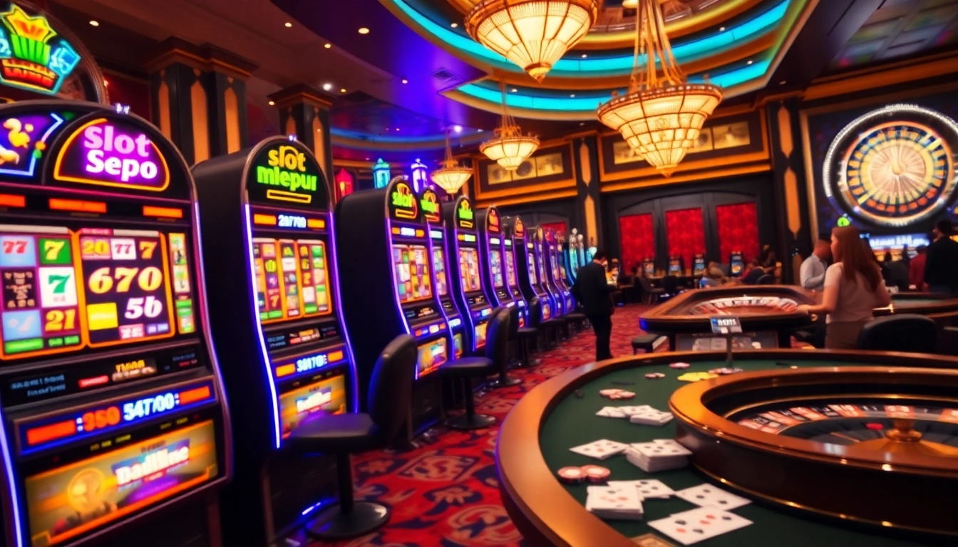 Pemain yang antusias menang di mesin slot Depo 5rb dalam suasana kasino yang hidup.