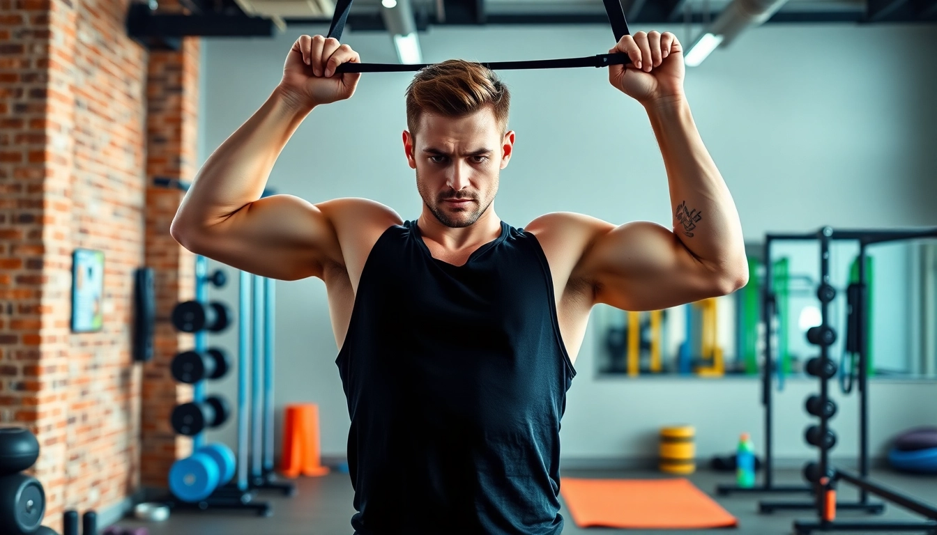 Fitness enthusiast using pull-up resistance bands in a modern gym setting to enhance strength training.