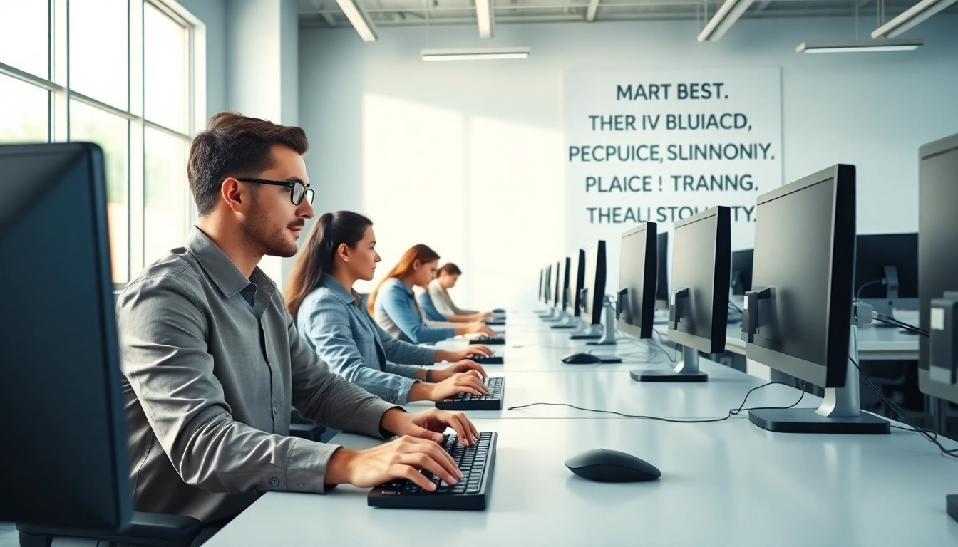Individuals collaborating in a bright typing center, enhancing productivity and teamwork.